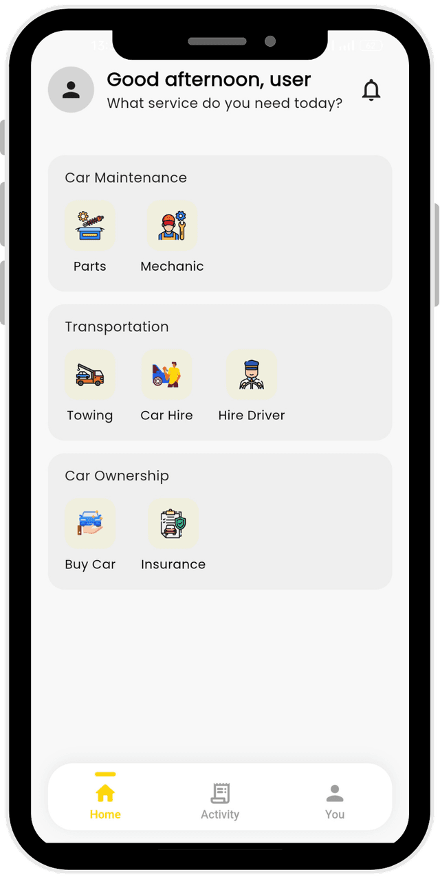 AutoMate app home screen screenshot.