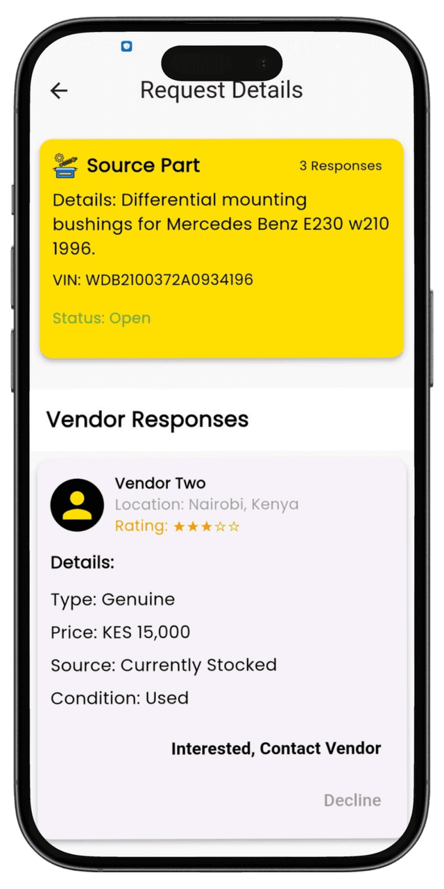 AutoMate app vendor response screen screenshot.