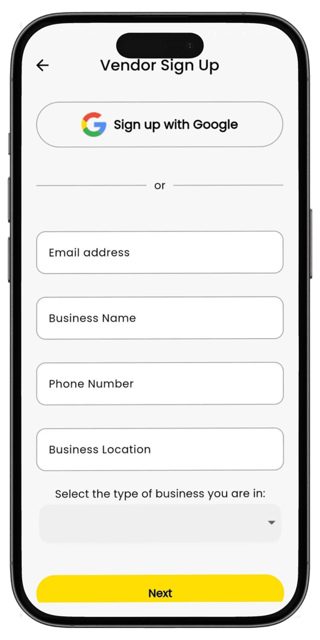 AutoMate app vendor signup screenshot.